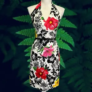 David Meister Vintage 100% Silk Hawaiian Floral Print Halterneck Belted Dress 2