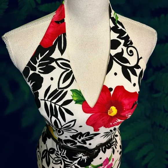 David Meister Vintage 100% Silk Hawaiian Floral Print Halterneck Belted Dress 2