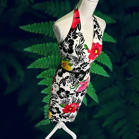 David Meister Vintage 100% Silk Hawaiian Floral Print Halterneck Belted Dress 2