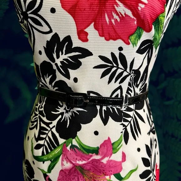 David Meister Vintage 100% Silk Hawaiian Floral Print Halterneck Belted Dress 2