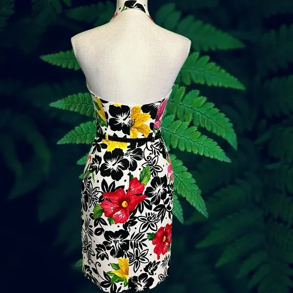 David Meister Vintage 100% Silk Hawaiian Floral Print Halterneck Belted Dress 2