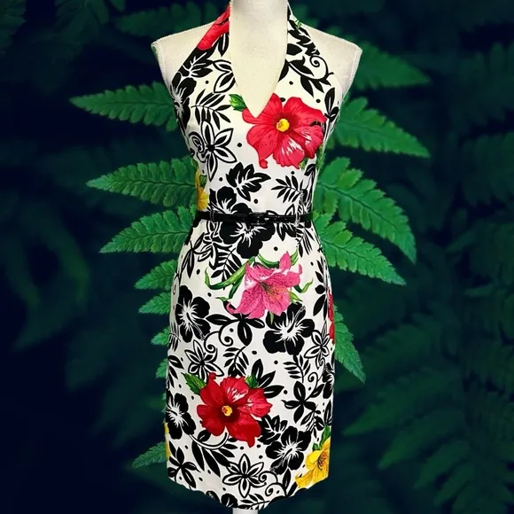 David Meister Vintage 100% Silk Hawaiian Floral Print Halterneck Belted Dress 2