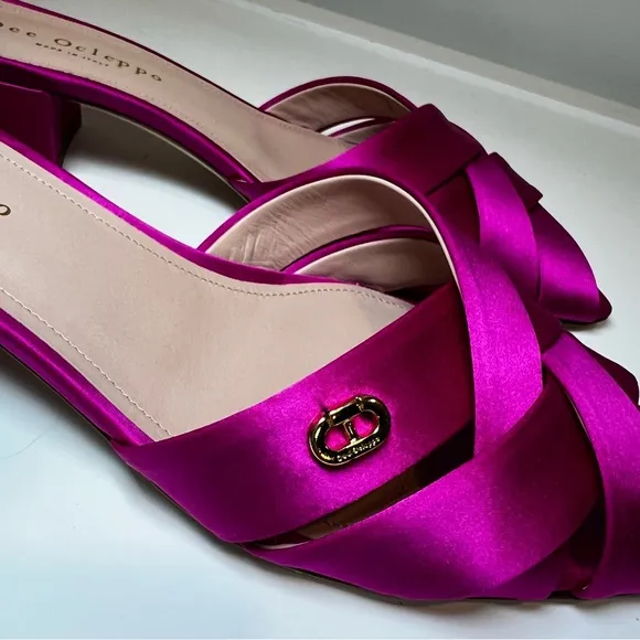 Dee Ocleppo Fuchsia Satin Cross-Strap Mules – Block Heel size 38.5