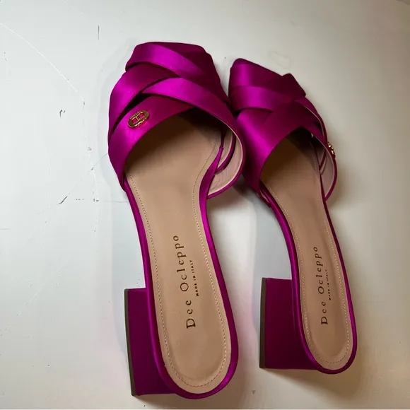 Dee Ocleppo Fuchsia Satin Cross-Strap Mules – Block Heel size 38.5