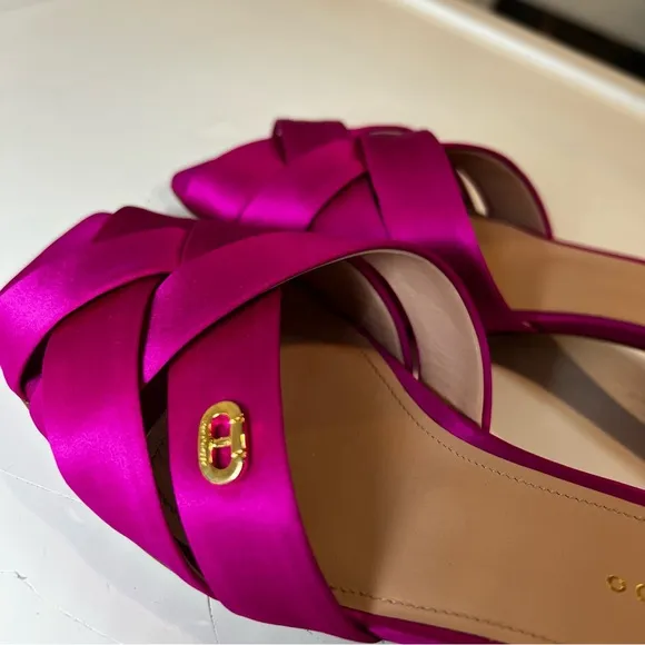 Dee Ocleppo Fuchsia Satin Cross-Strap Mules – Block Heel size 38.5