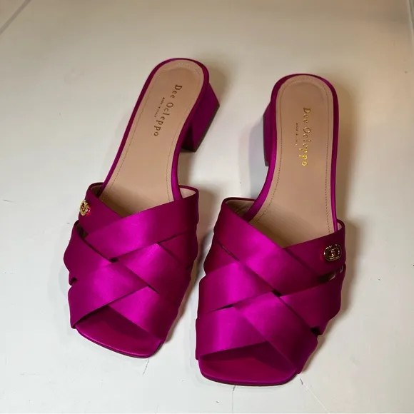 Dee Ocleppo Fuchsia Satin Cross-Strap Mules – Block Heel size 38.5