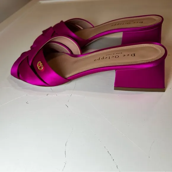 Dee Ocleppo Fuchsia Satin Cross-Strap Mules – Block Heel size 38.5