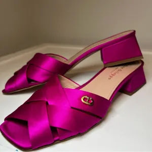 Dee Ocleppo Fuchsia Satin Cross-Strap Mules – Block Heel size 38.5