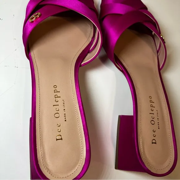Dee Ocleppo Fuchsia Satin Cross-Strap Mules – Block Heel size 38.5