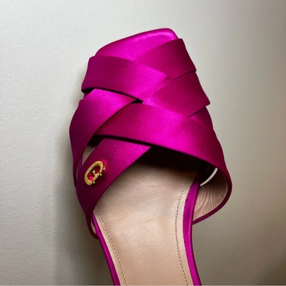 Dee Ocleppo Fuchsia Satin Cross-Strap Mules – Block Heel size 38.5