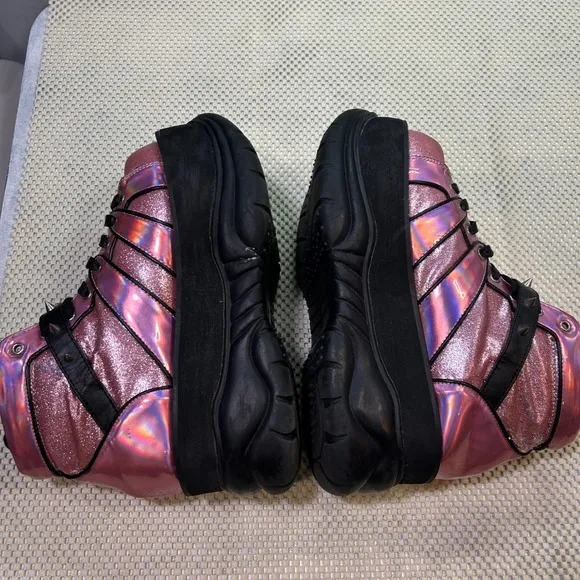 Demonia Neptune 100 Platform Sneakers Iridescent Pink Glitter Spike Strap Chunky