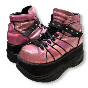 Demonia Neptune 100 Platform Sneakers Iridescent Pink Glitter Spike Strap Chunky