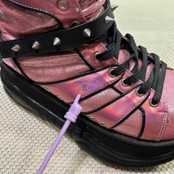 Demonia Neptune 100 Platform Sneakers Iridescent Pink Glitter Spike Strap Chunky