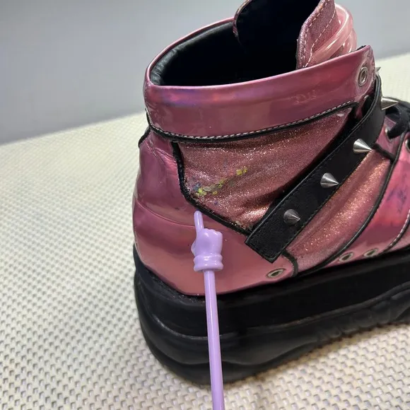 Demonia Neptune 100 Platform Sneakers Iridescent Pink Glitter Spike Strap Chunky