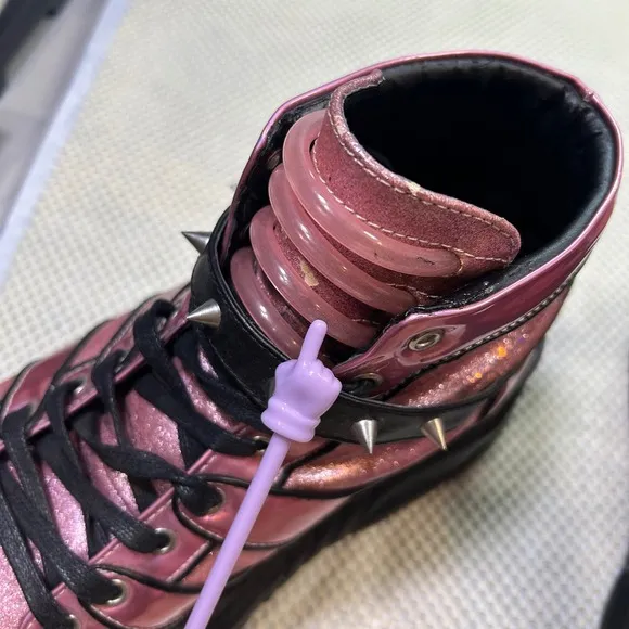 Demonia Neptune 100 Platform Sneakers Iridescent Pink Glitter Spike Strap Chunky