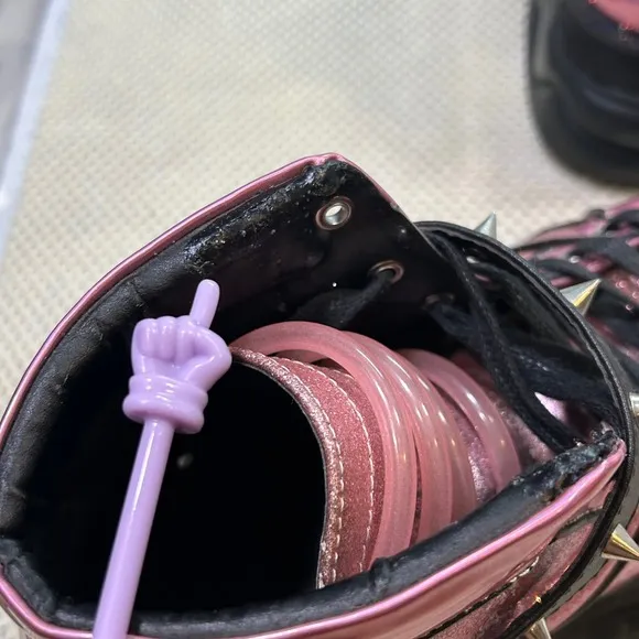 Demonia Neptune 100 Platform Sneakers Iridescent Pink Glitter Spike Strap Chunky