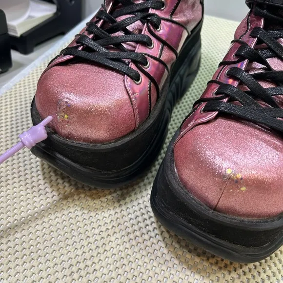 Demonia Neptune 100 Platform Sneakers Iridescent Pink Glitter Spike Strap Chunky