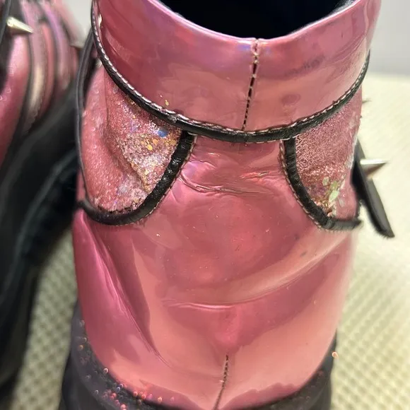 Demonia Neptune 100 Platform Sneakers Iridescent Pink Glitter Spike Strap Chunky