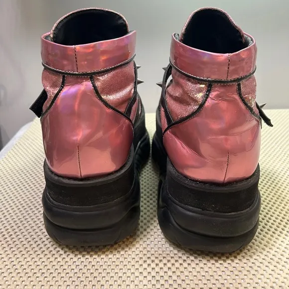 Demonia Neptune 100 Platform Sneakers Iridescent Pink Glitter Spike Strap Chunky