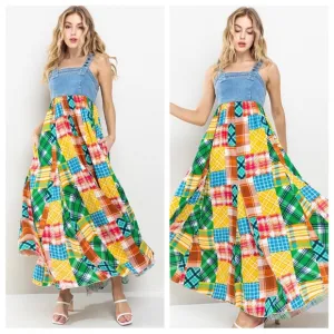 Denim Multi Fabric Pleated Suspender Maxi Dress