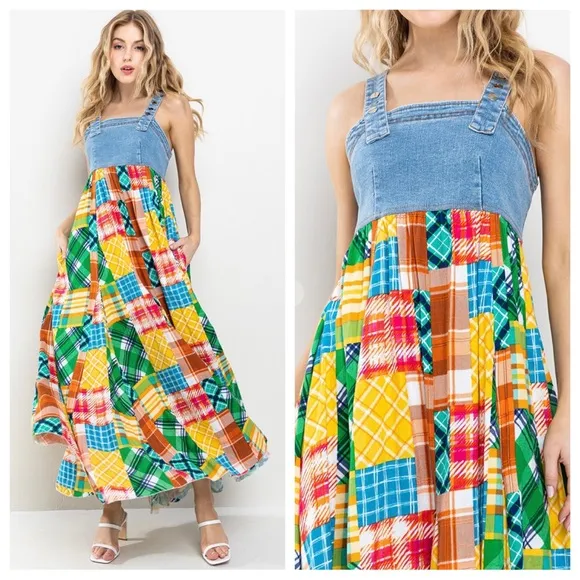 Denim Multi Fabric Pleated Suspender Maxi Dress