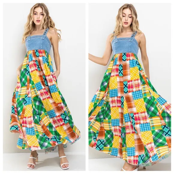 Denim Multi Fabric Pleated Suspender Maxi Dress
