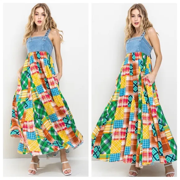 Denim Multi Fabric Pleated Suspender Maxi Dress