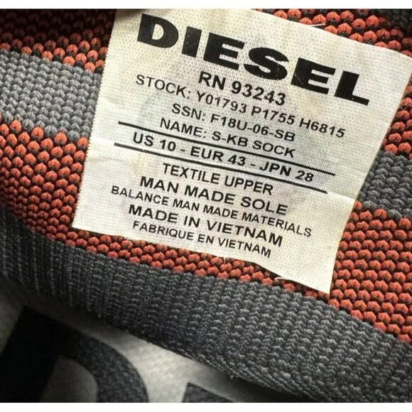 Diesel S-KB Sock Grey Gray Sneakers Shoes Men’s Size 10 Slip On