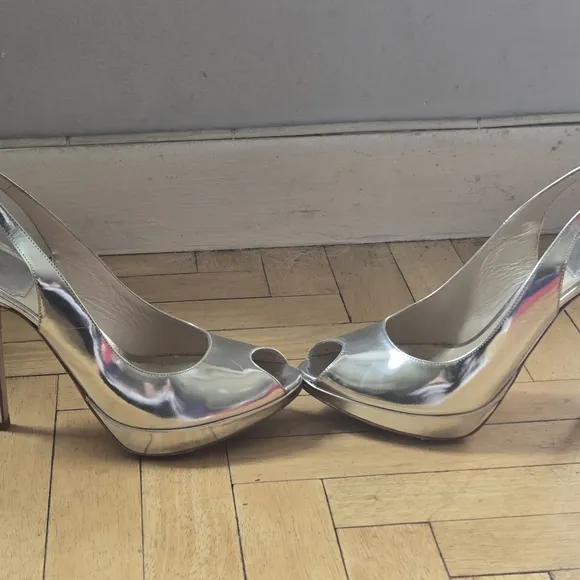 DIOR Elegant Silver Peep-Toe Slingback Heels Miss DIOR 38