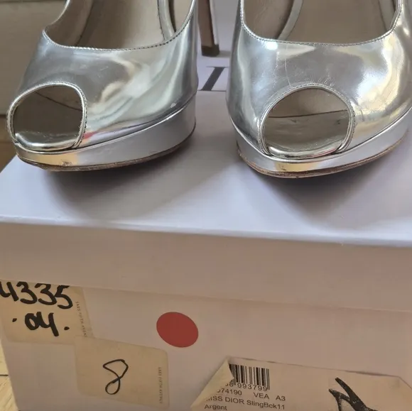 DIOR Elegant Silver Peep-Toe Slingback Heels Miss DIOR 38