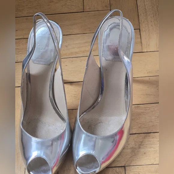 DIOR Elegant Silver Peep-Toe Slingback Heels Miss DIOR 38