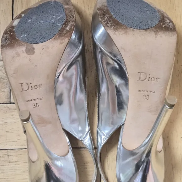 DIOR Elegant Silver Peep-Toe Slingback Heels Miss DIOR 38
