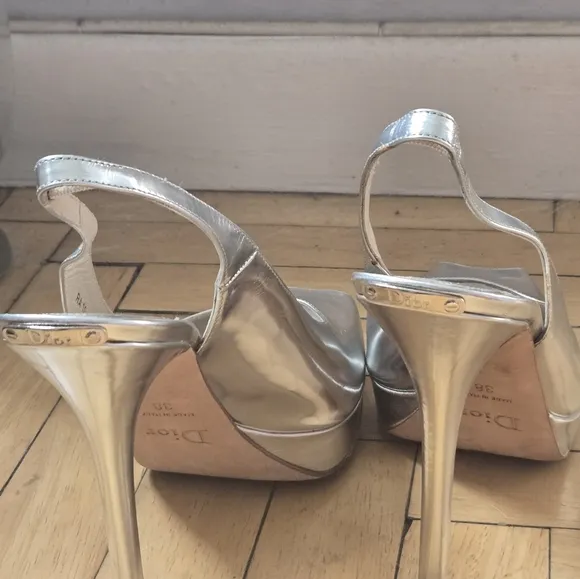 DIOR Elegant Silver Peep-Toe Slingback Heels Miss DIOR 38