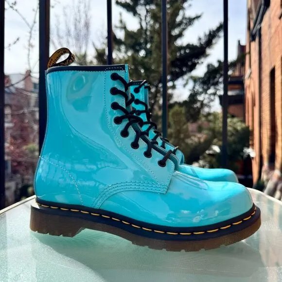Dr. Martens 1460 Patent Leather Lace Up Boots Shoes in Turquoise Blue