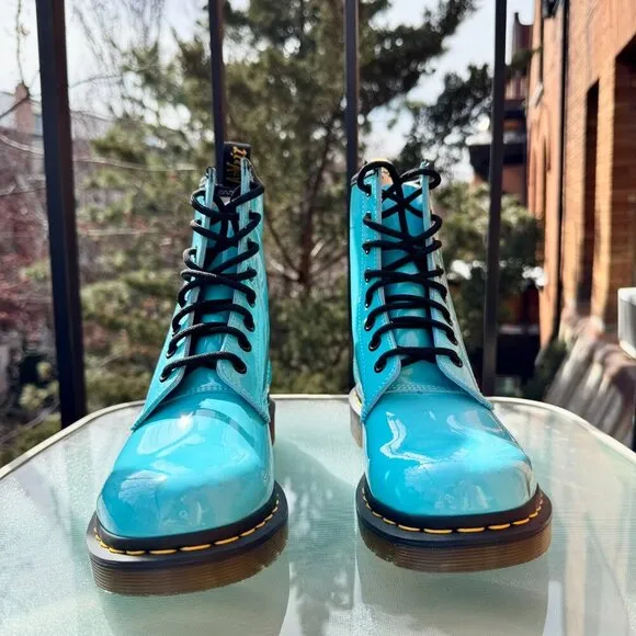 Dr. Martens 1460 Patent Leather Lace Up Boots Shoes in Turquoise Blue