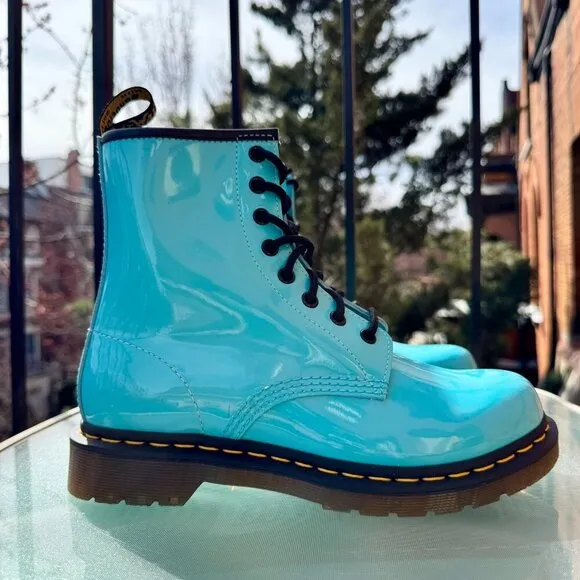 Dr. Martens 1460 Patent Leather Lace Up Boots Shoes in Turquoise Blue