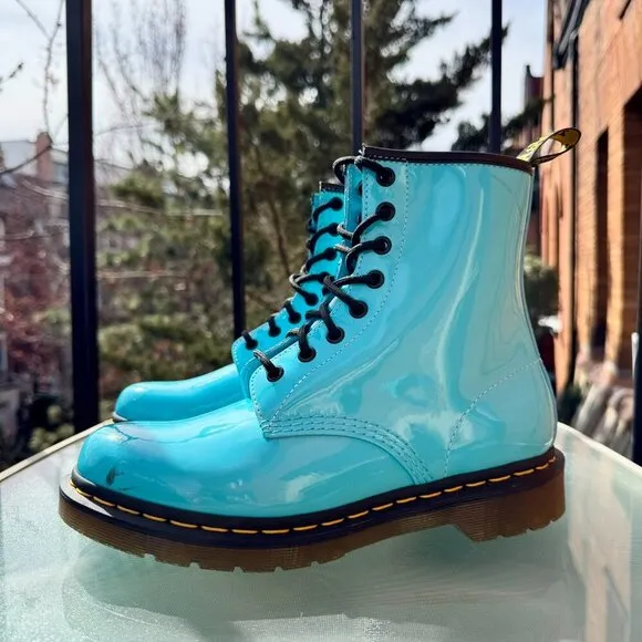 Dr. Martens 1460 Patent Leather Lace Up Boots Shoes in Turquoise Blue