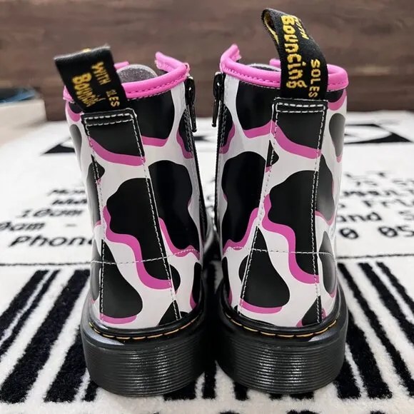 Dr. Martens 1460 Youth Junior Cow Print Patent Lamper Leather Boots.
