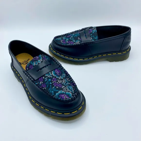 Dr. Martens Black Rich Purple Penton Floral Jacquard Penny Loafer Size 6