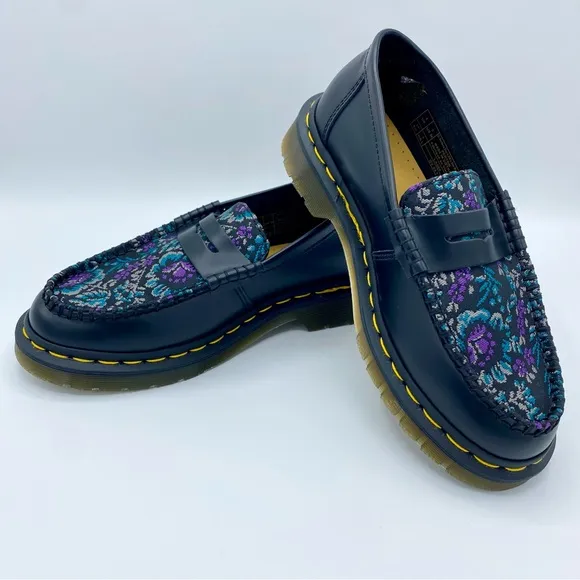 Dr. Martens Black Rich Purple Penton Floral Jacquard Penny Loafer Size 6
