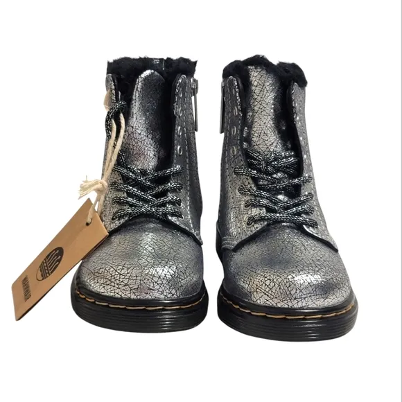Dr Martens Combat Boots Metallic Silver Whimsigoth Punk Girls Kids Shoes Size 8