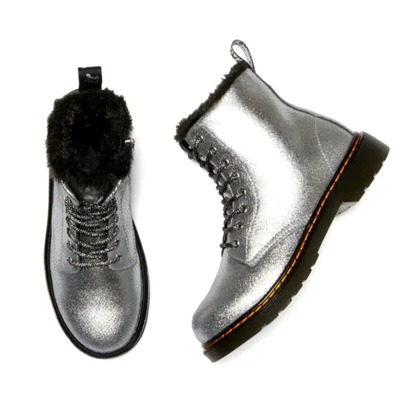 Dr Martens Combat Boots Metallic Silver Whimsigoth Punk Girls Kids Shoes Size 8