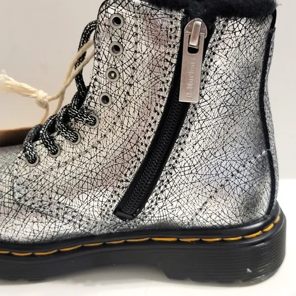 Dr Martens Combat Boots Metallic Silver Whimsigoth Punk Girls Kids Shoes Size 8