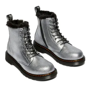 Dr Martens Combat Boots Metallic Silver Whimsigoth Punk Girls Kids Shoes Size 8