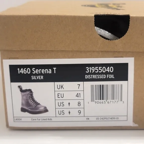 Dr Martens Combat Boots Metallic Silver Whimsigoth Punk Girls Kids Shoes Size 8