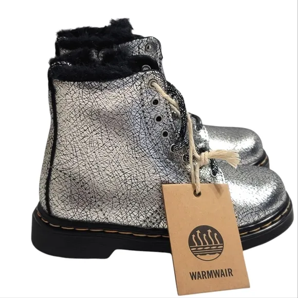 Dr Martens Combat Boots Metallic Silver Whimsigoth Punk Girls Kids Shoes Size 8