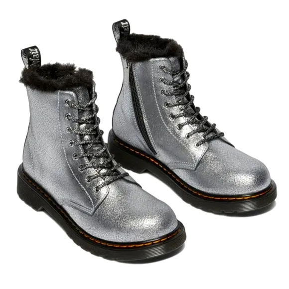 Dr Martens Combat Boots Metallic Silver Whimsigoth Punk Girls Kids Shoes Size 8