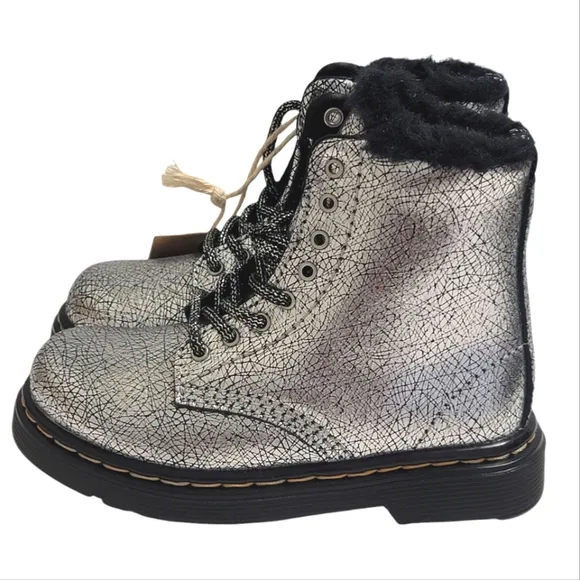 Dr Martens Combat Boots Metallic Silver Whimsigoth Punk Girls Kids Shoes Size 8