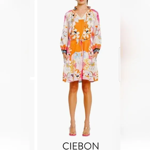 Drea Floral Print Long Sleeve Mini Dress By Ciebon NWT SZ. Small No Belt