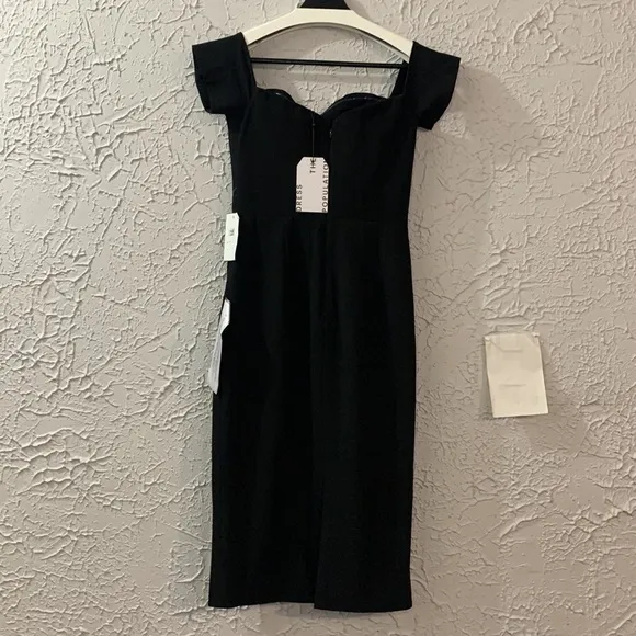 Dress the Population NWT Midi Dress Black Small Off Shoulder Slim Fit Sweetheart